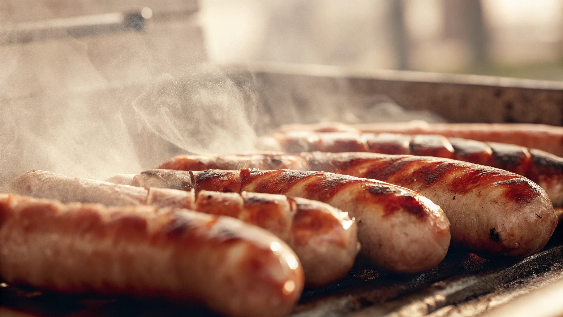 Juicy beef sausages sizzling on a grill with smoky flavor