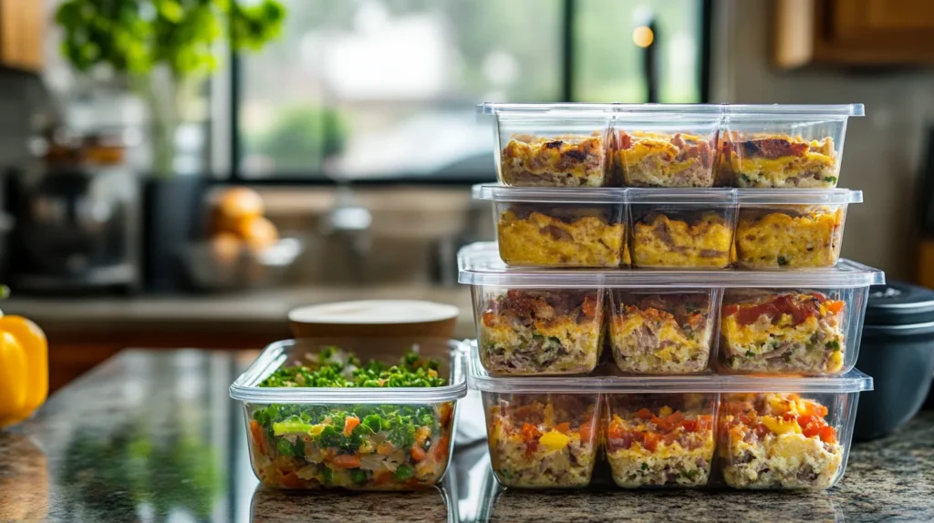 Meal-prepped portions of eggless breakfast casserole in containers.