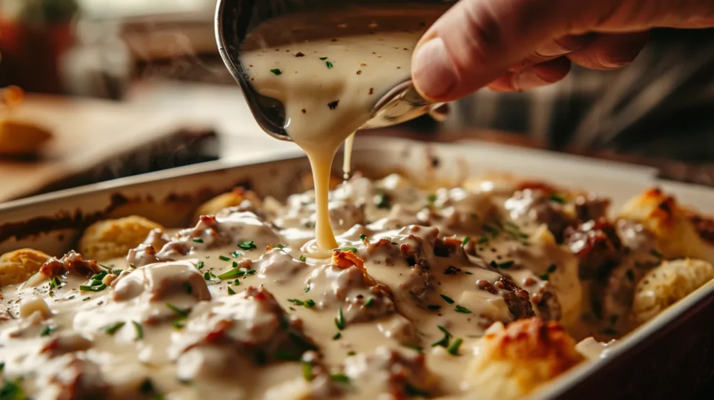 Homemade sausage gravy being poured over biscuit dough for breakfast casserole. 