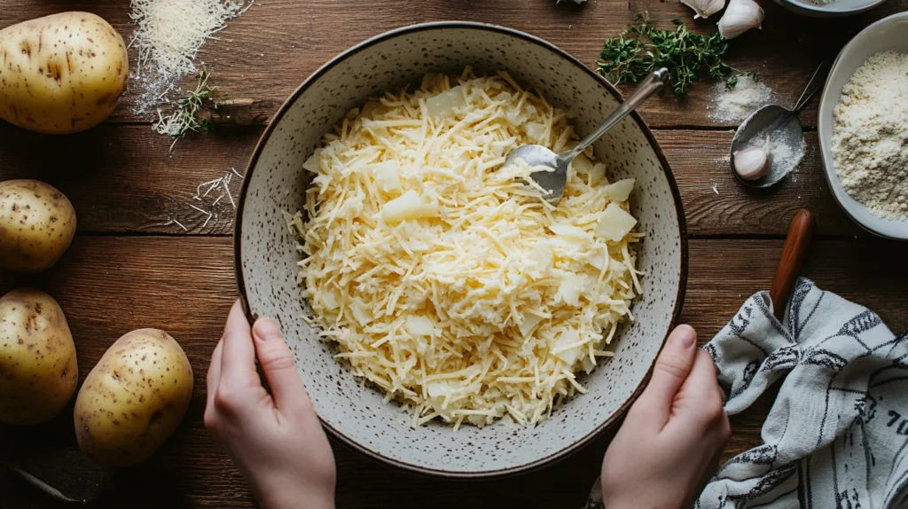 Hands mixing ingredients for an eggless breakfast casserole.