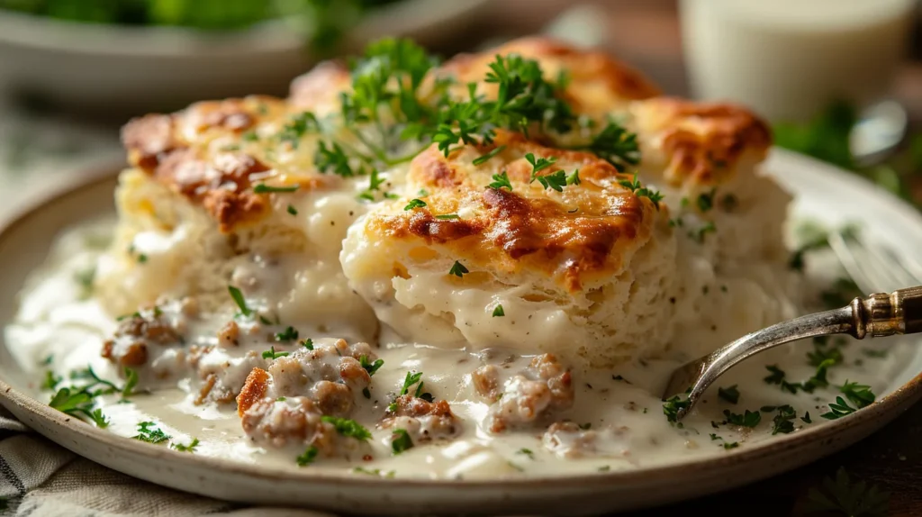 A plated serving of breakfast casserole with extra sausage gravy. 