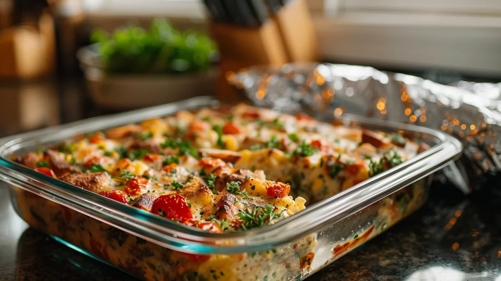 Leftover breakfast casserole stored in a glass container for later. 