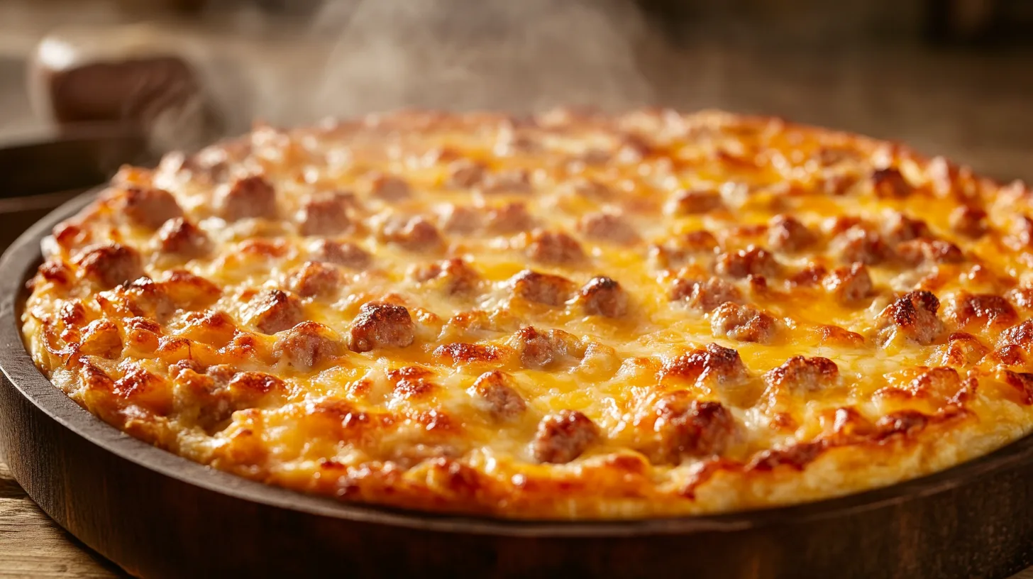 A freshly baked turkey sausage breakfast casserole, golden brown and served warm