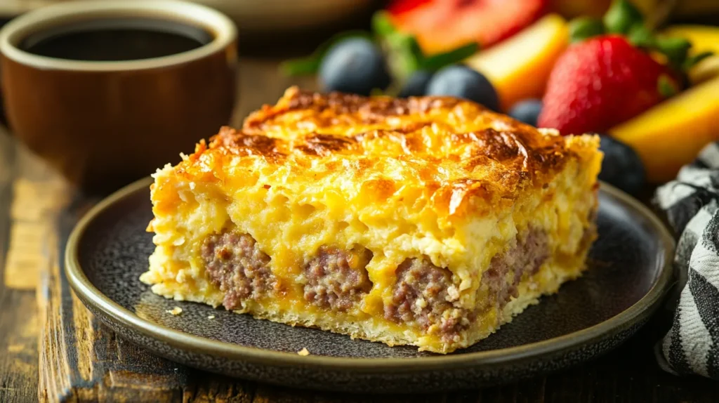 A plated slice of turkey sausage breakfast casserole, served with fruit