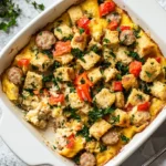 A well-presented turkey sausage breakfast casserole in a baking dish