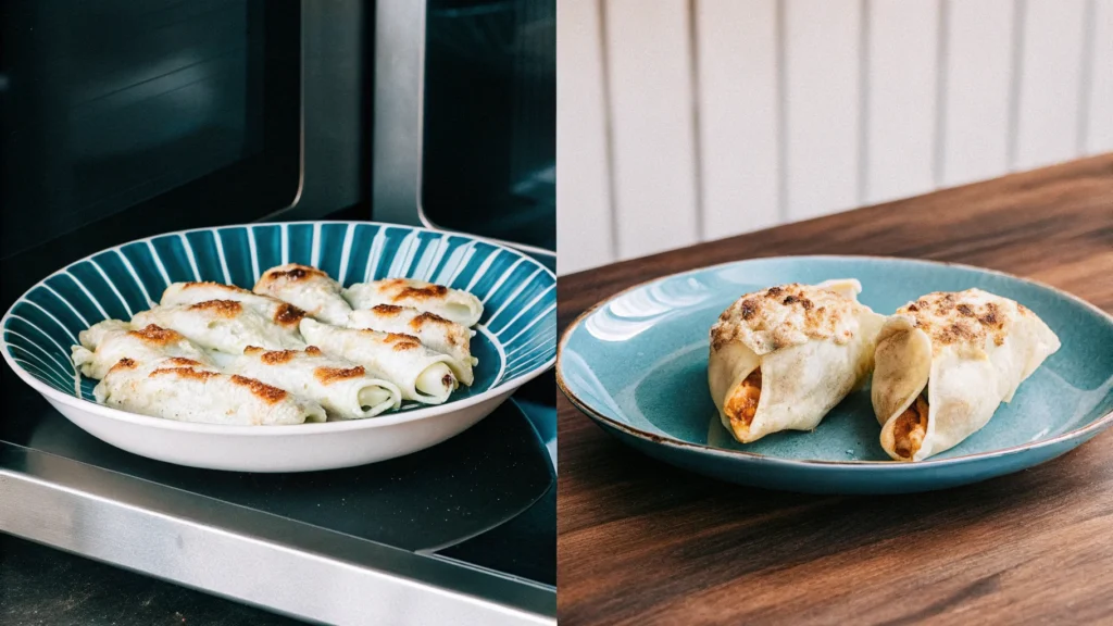 Comparison of baked and microwaved stuffed shells on plates