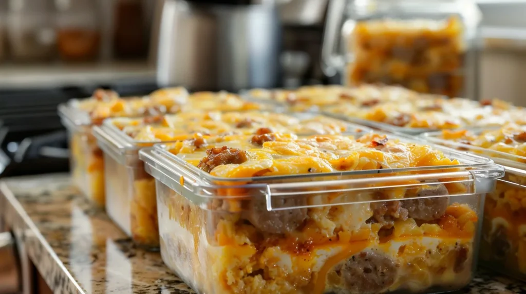 Portioned Simply Potatoes breakfast casserole slices in airtight meal prep containers, ready for the fridge or freezer.