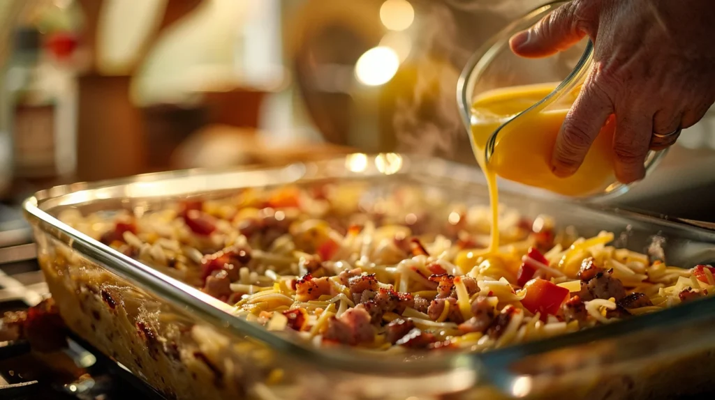 A close-up action shot of whisked eggs being poured over a breakfast casserole filled with hash browns and sausage, ready to be baked.