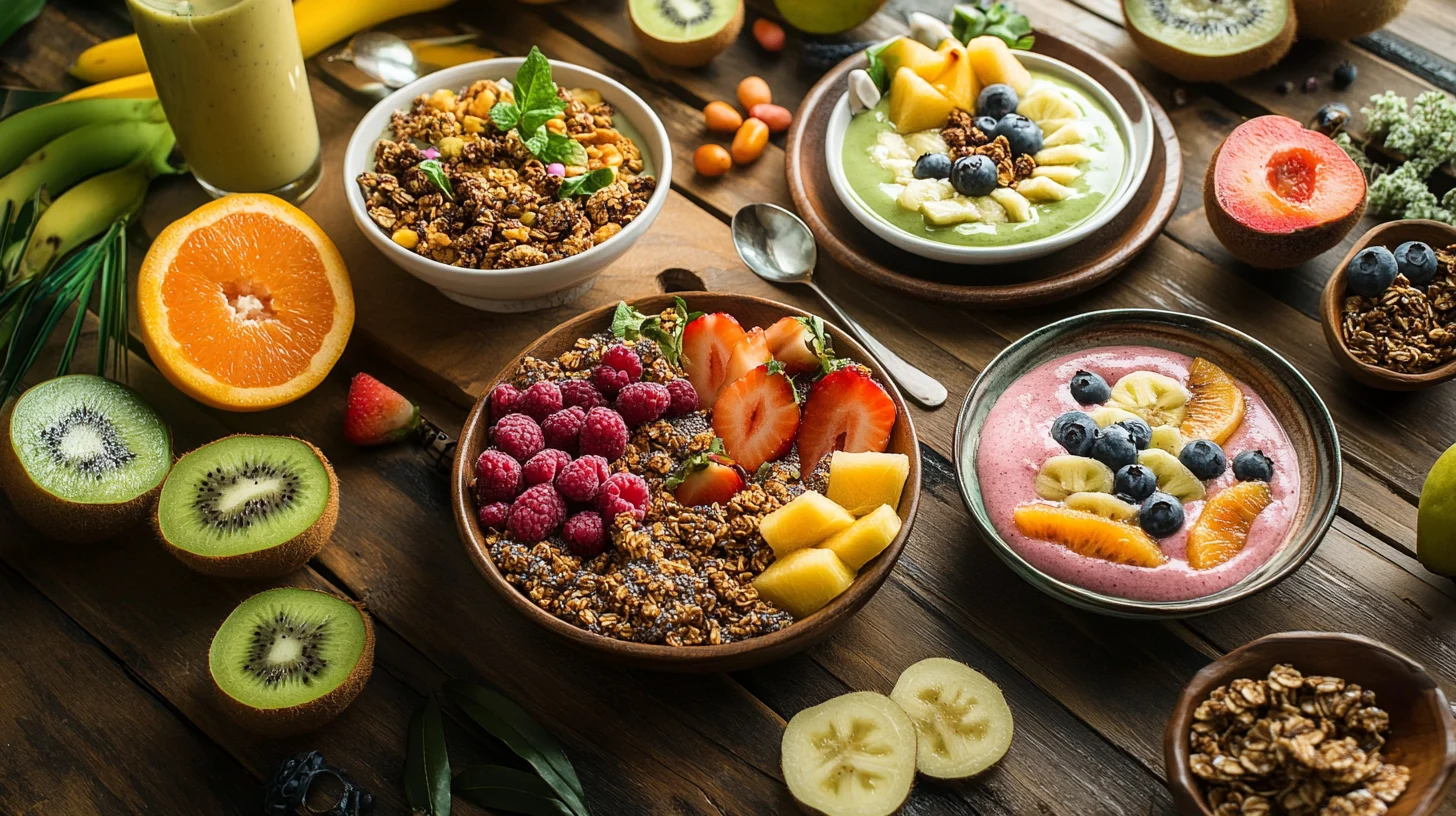 "A beautiful raw food breakfast recipes ideas with smoothie bowls, fresh fruits, and granola on a rustic table."