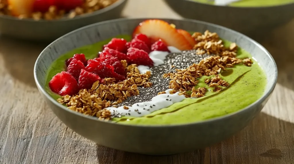 "A beautifully plated raw vegan breakfast dish with a smoothie bowl, granola, and fresh fruit toppings."