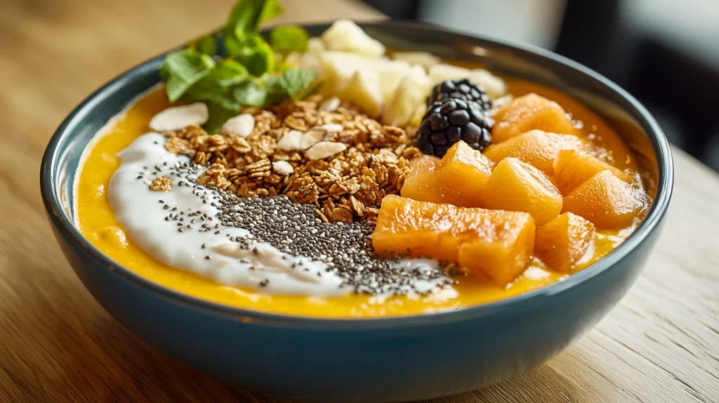 "A beautifully plated raw vegan breakfast dish with a smoothie bowl, granola, and fresh fruit toppings."