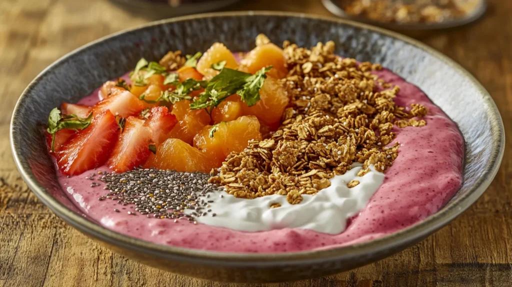 "A beautifully plated raw vegan breakfast dish with a smoothie bowl, granola, and fresh fruit toppings."