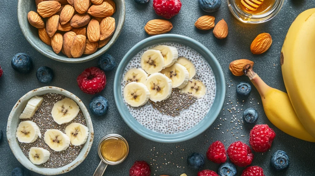 "A flat lay of fresh ingredients for a raw food breakfast, including chia seeds, bananas, and nuts."