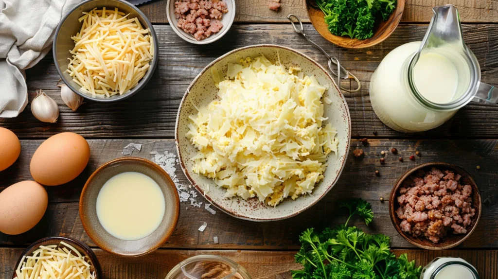 simply potatoes breakfast casserole recipe: All ingredients for a Simply Potatoes breakfast casserole laid out on a wooden kitchen counter, including hash browns, eggs, sausage, cheese, and milk.