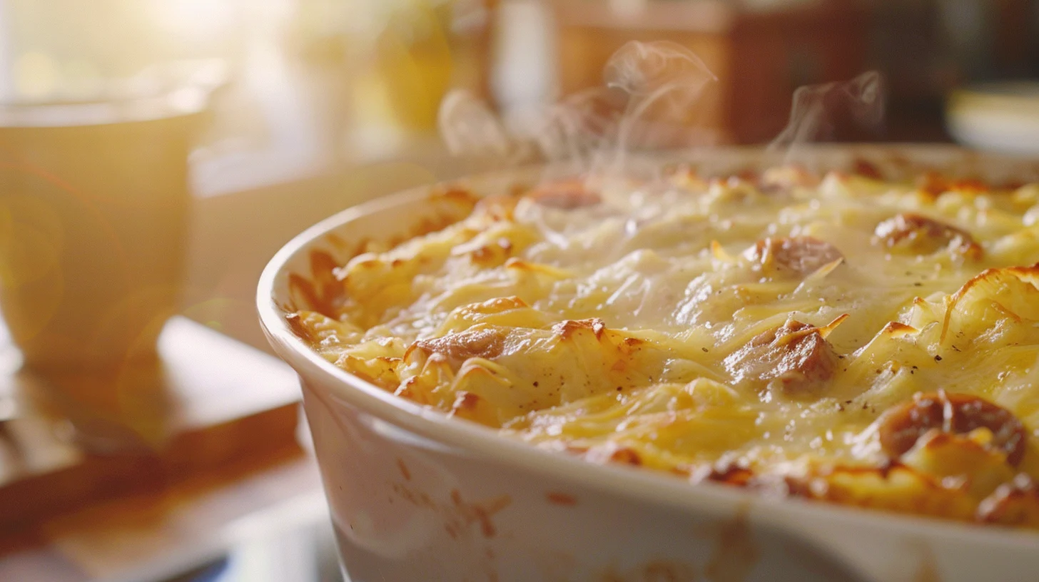 simply potatoes breakfast casserole recipe: A freshly baked Simply Potatoes breakfast casserole in a white dish, with golden crispy hash browns, melted cheese, and sausage