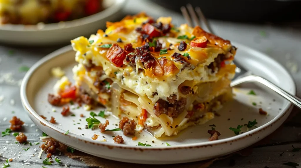 A slice of Simply Potatoes breakfast casserole on a white plate, showing layers of crispy hash browns, fluffy eggs, sausage, and melted cheese: simply potatoes breakfast casserole recipe