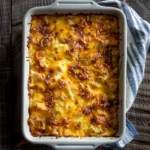 A close-up of a Simply Potatoes breakfast casserole in a white baking dish, with a golden crispy top and gooey cheese.