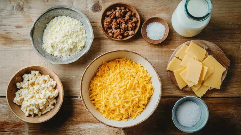 Flat lay of eggs, shredded cheese, hashbrowns, sausage, and seasoning on a wooden counter.