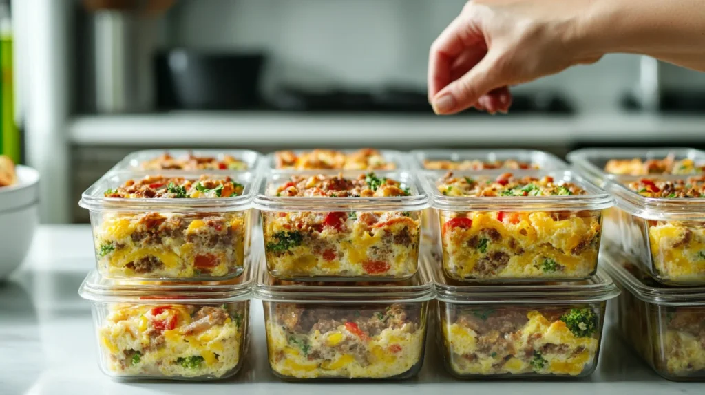 Breakfast casserole meal prepped in containers, ready for storage.