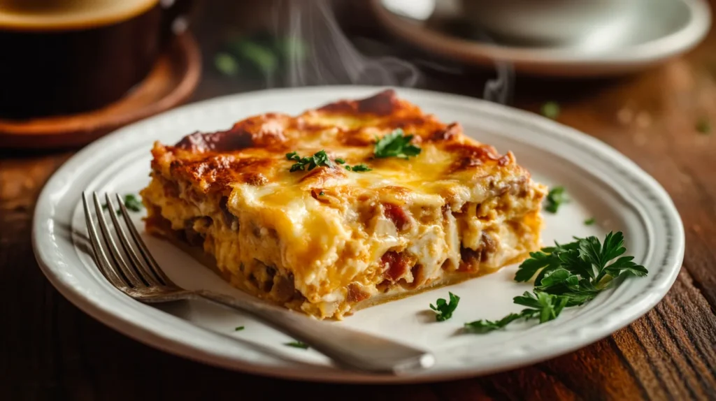 A warm slice of breakfast casserole with gooey cheese on a plate, served with a fork.