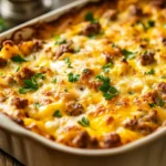 A freshly baked breakfast casserole with a golden, bubbly cheese topping, crispy hashbrowns, and crumbled sausage. Served in a rustic baking dish on a wooden table, warm lighting.