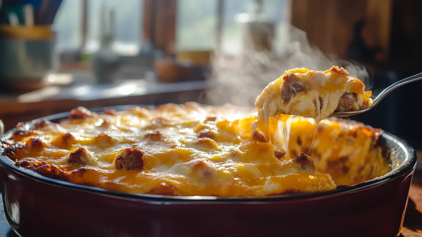 Freshly baked breakfast casserole with melted cheese and crispy hashbrowns in a rustic kitchen setting.